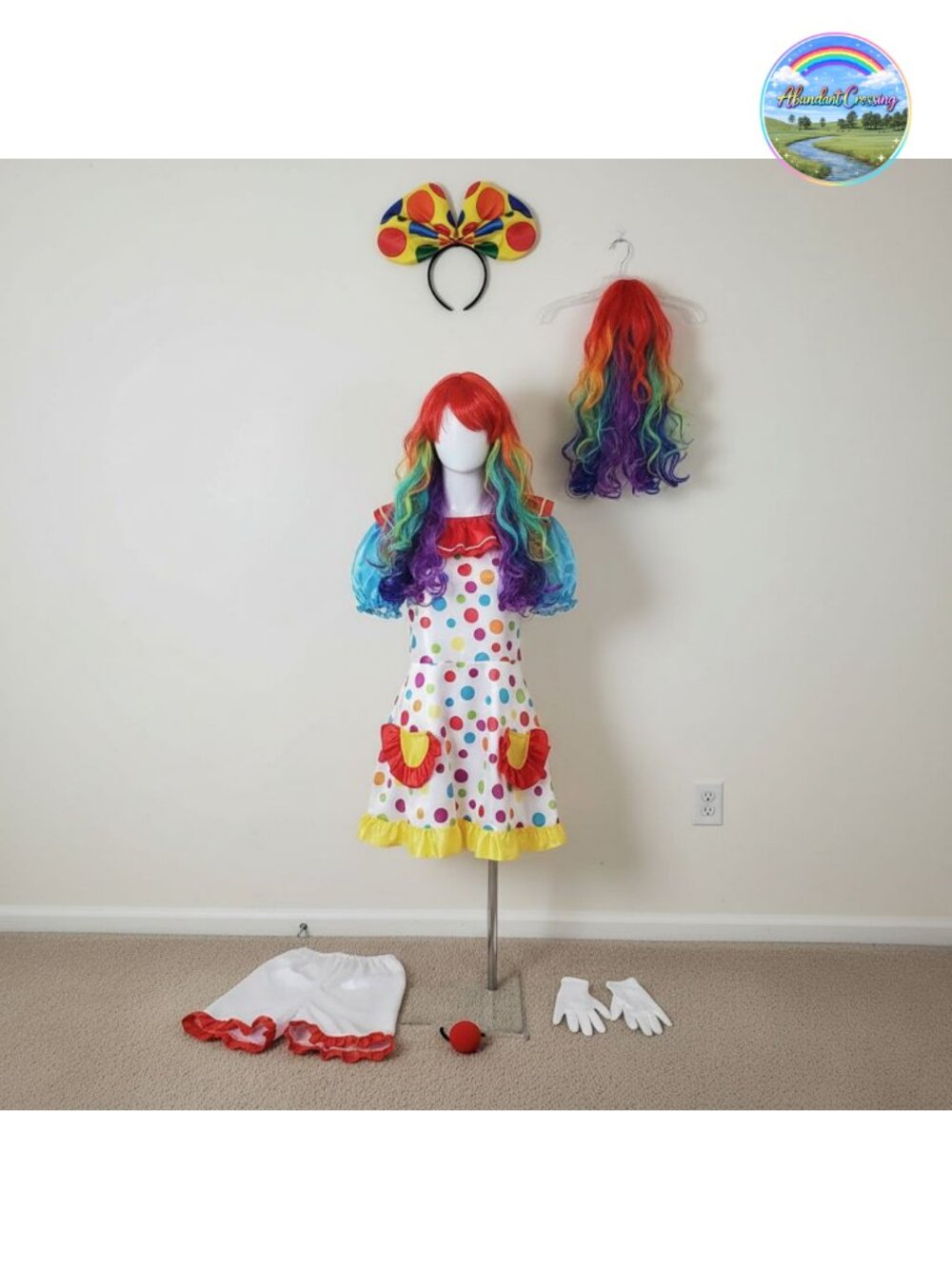 Clown Costume Set Dress Shorts Wig Gloves Cosplay Halloween